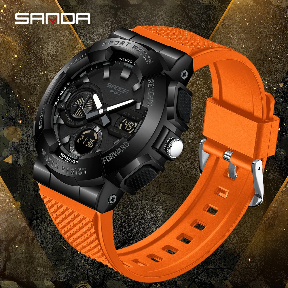 SANDA New 3365 Men's Sports Watch Multifunctional Waterproof Night Light Timer Dual Display Electronic Watch Alarm Clock