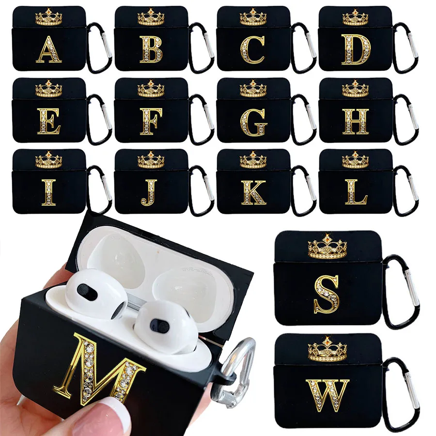 Diamond Crown Letter Airpods Case for AirPods Pro2 3 2 1 Pro Black Wireless Bluetooth Earphone Box Cute A-z Cover