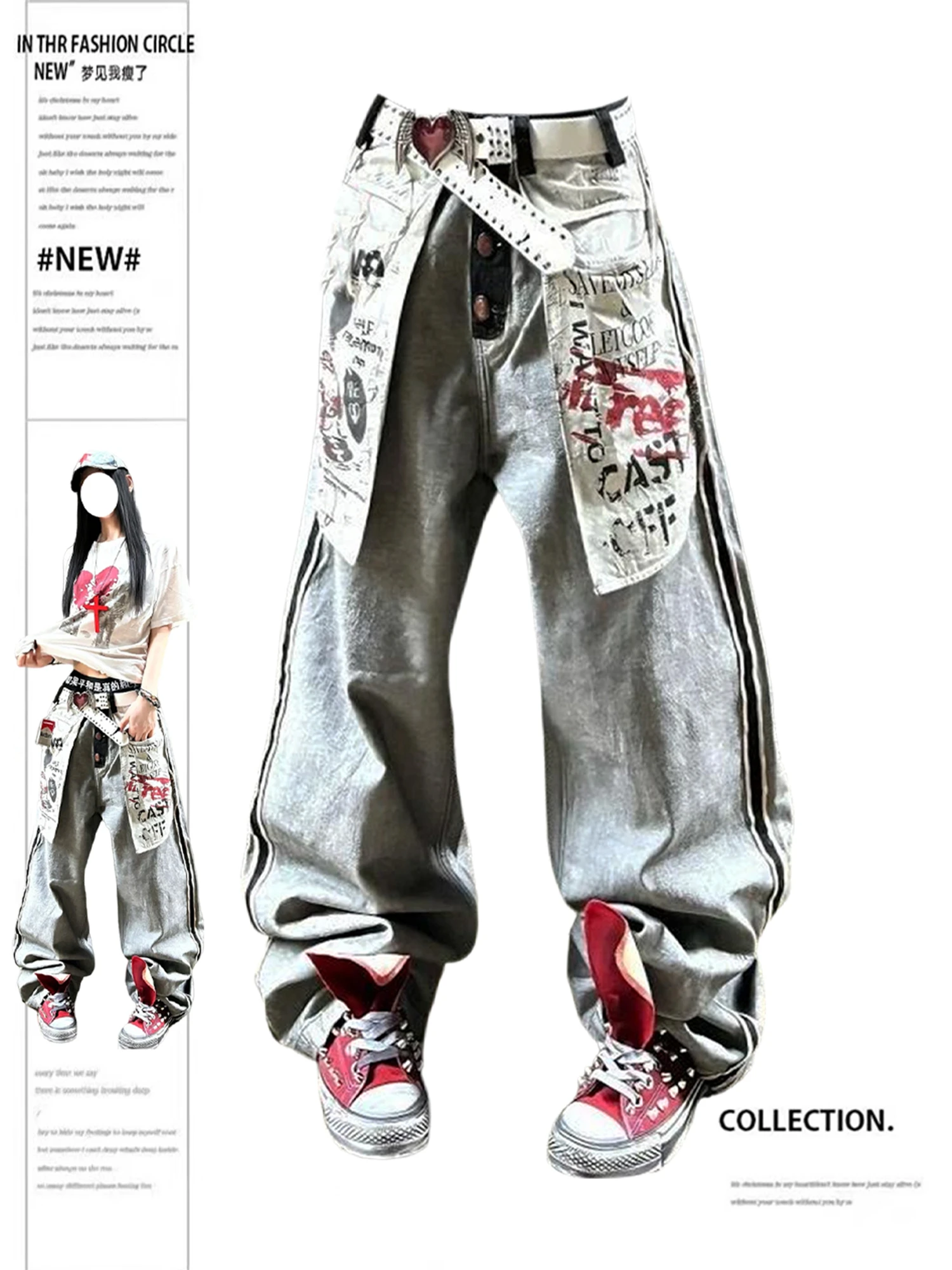 Women's Loose Wide Leg Jeans Y2K Grunge Punk Vintage Washed Gray Graphic Print Patchwork Streetwear Casual Ladies Denim Pants