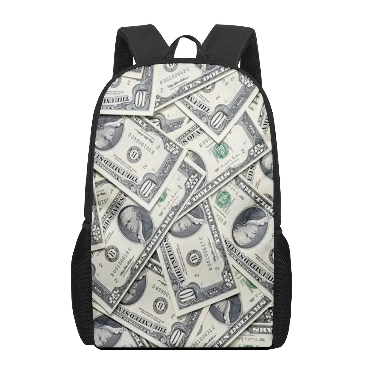 Engraçado dólar americano dinheiro saco de escola dólar dos eua impressão mochila caminhadas daypack para mulheres homens 16 polegadas com bolso de malha