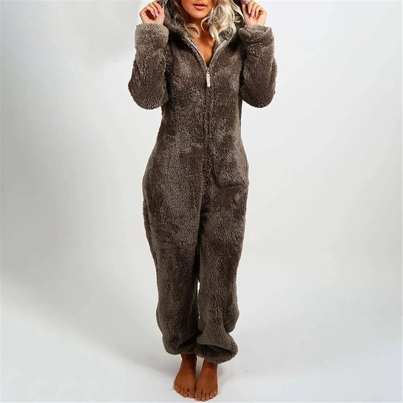 Winter Warm Pyjamas Women Onesies Fluffy Fleece Jumpsuit Sleepwear Overall Hood Sets Overall Plus Size Hood Adult Warmer Outwear