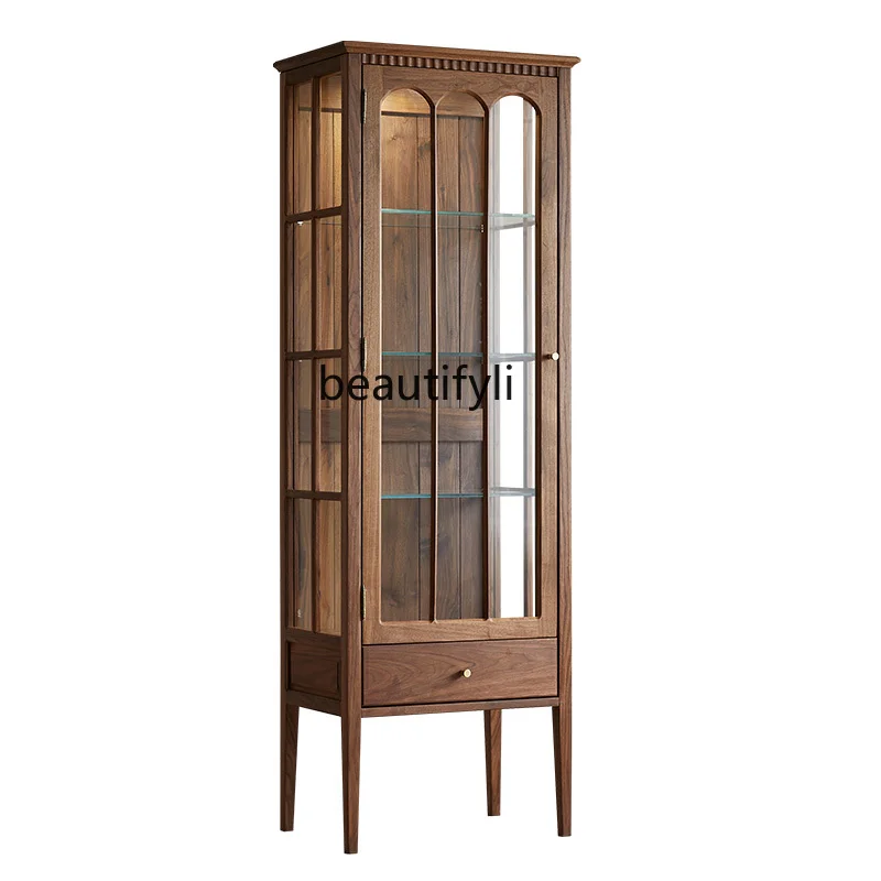 North America Black Walnut Retro Wine Cabinet Living Room Hand Office Display Locker Glass Cabinet