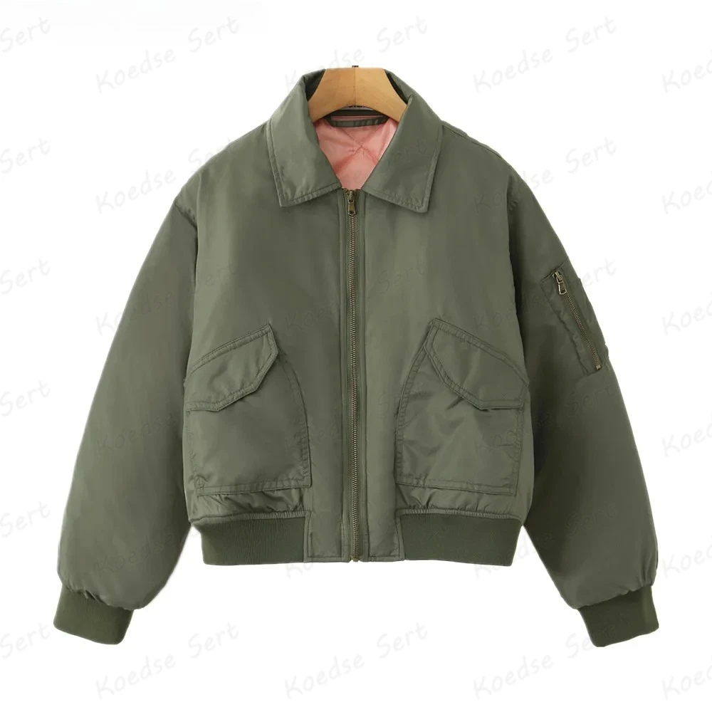 

Осень-зима 2025 года, армейско-зеленое стеганое пальто с лацканами и открытой молнией, женское стеганое пальто с длинными рукавами, теплая свободная куртка-бомбер, верхняя одежда