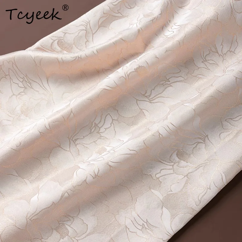 تنورة Tcyeek صيفية 100% من حرير التوت، تنورة نسائية من قماش الجاكار المغزول بخصر مطاطي وفتحة مستقيمة الساق، تنورة صيفية جديدة لعام 2025 D55623JF