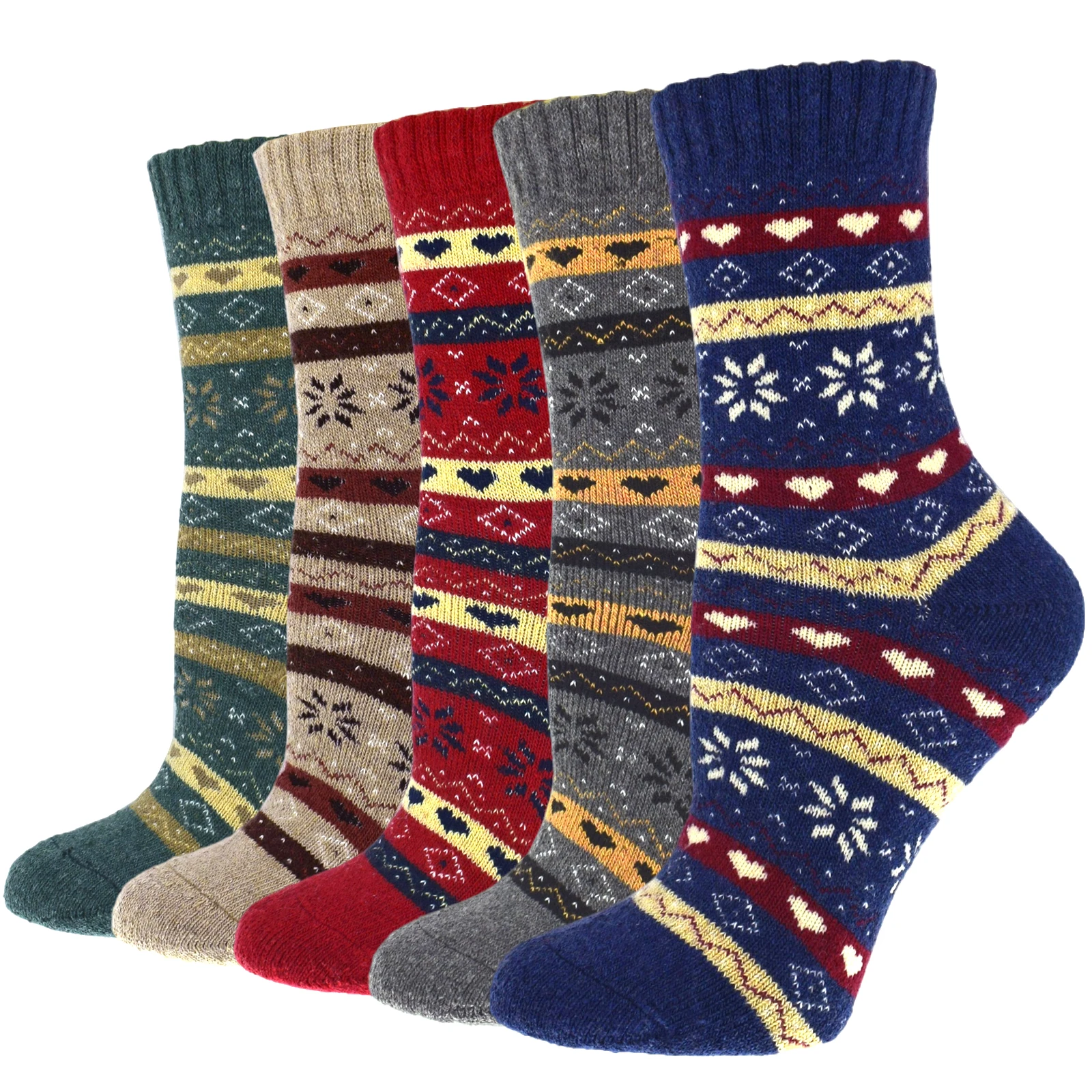 

Retro 5 Pairs Winter Wool Socks for Women Thermal Thickened Terry Towel Ethnic Style Love Floral Pattern Breathable Warm Socks