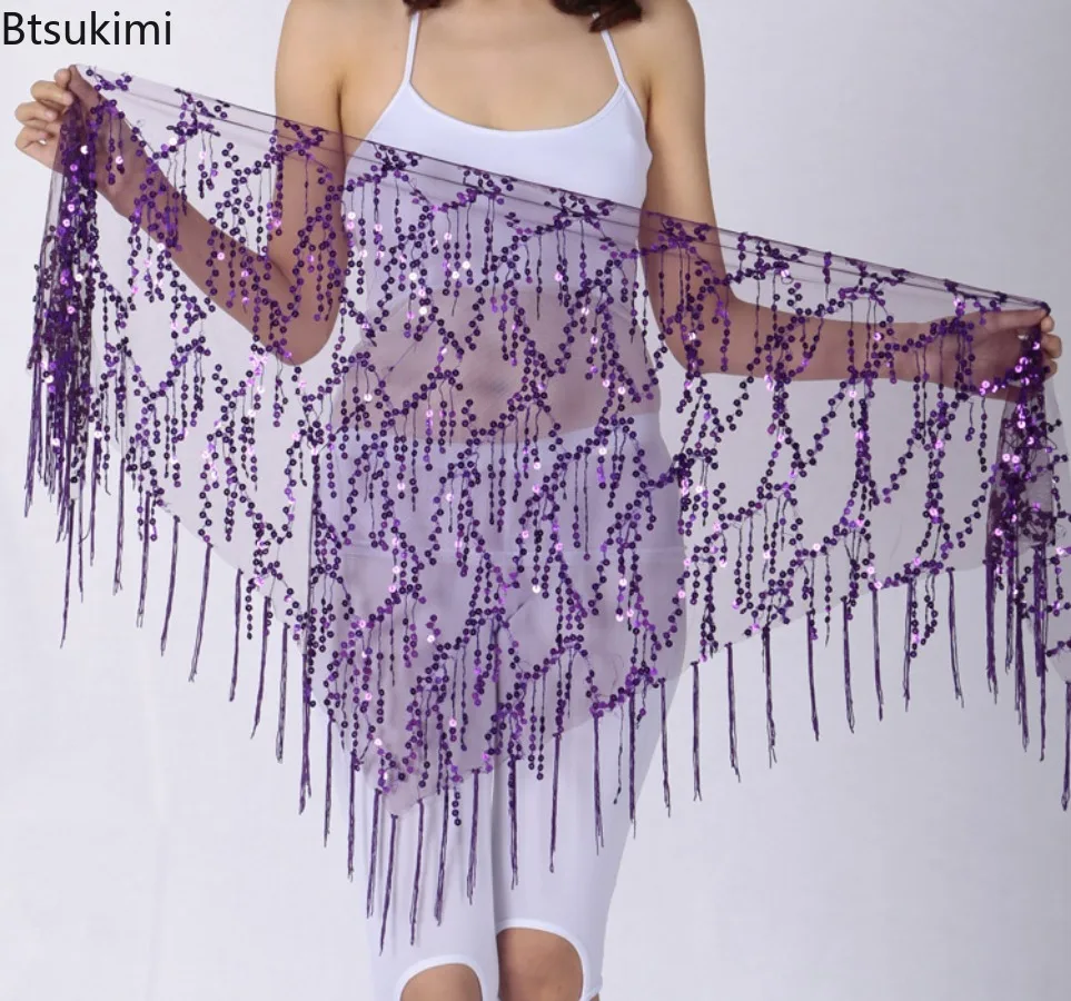 2025 Vrouwen Buikdans Kostuums Nieuwe Bling Pailletten Kwastje Driehoek Sjaal Taille Keten Indiase Buikdans Riemen Dansen Hip Sjaals