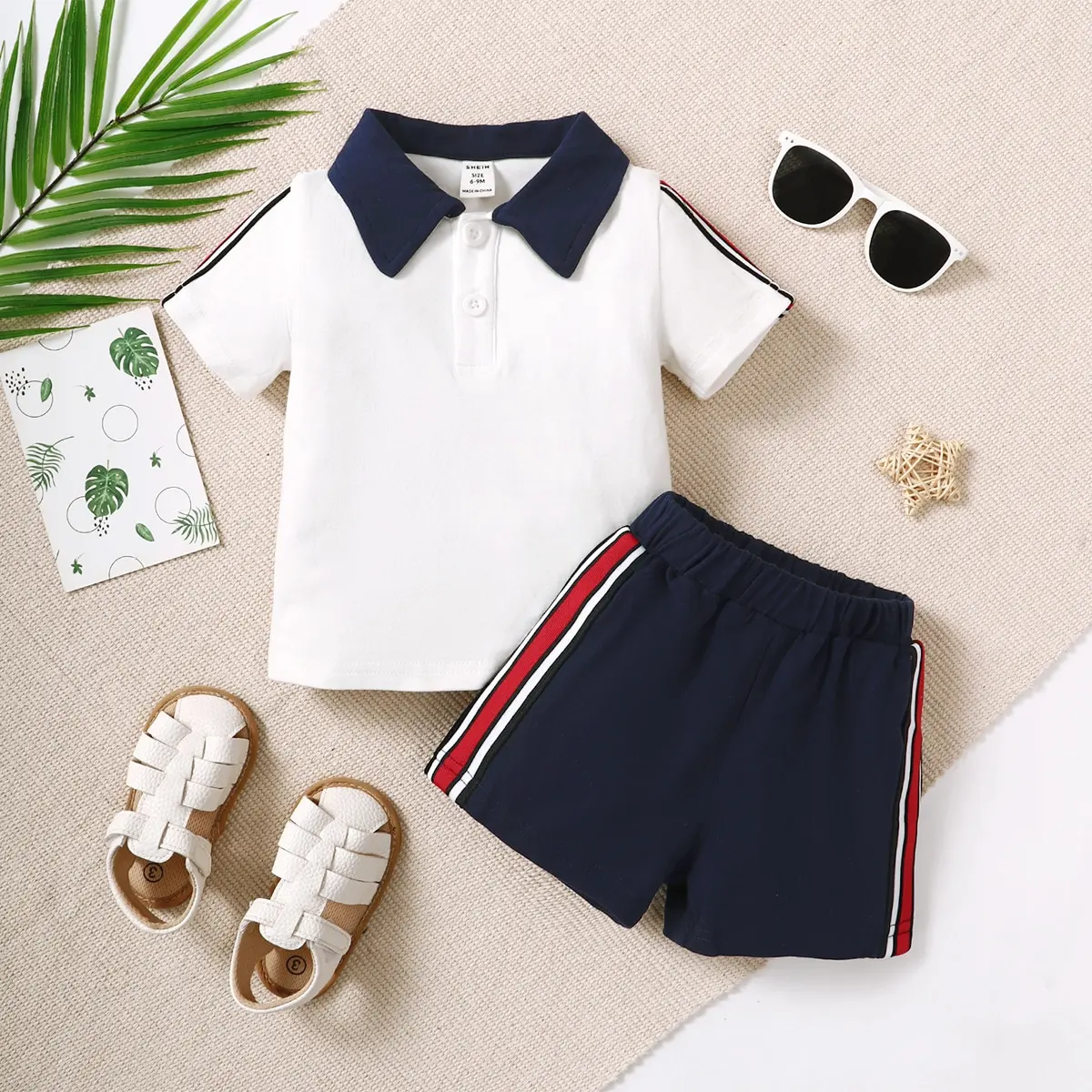 6-36M Two-Piece Set For Baby Boys Casual And Comfortable Clean Color Short-Sleeved Half-Open Front Polo Shirt Striped Shorts