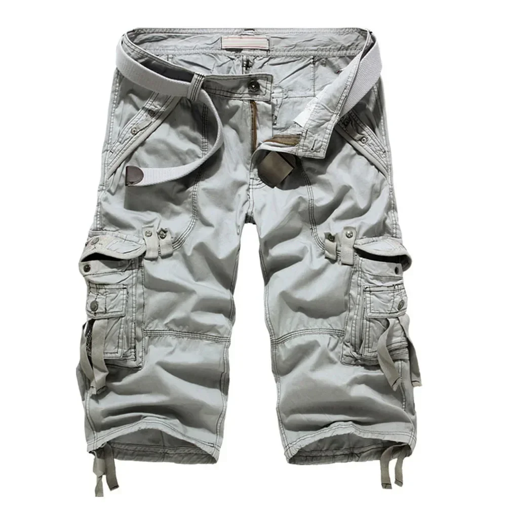 Calça curta de camuflagem do exército respirável masculina, calção de trabalho, casual, tamanho grande, bolsos, macio, cor sólida, meia calça