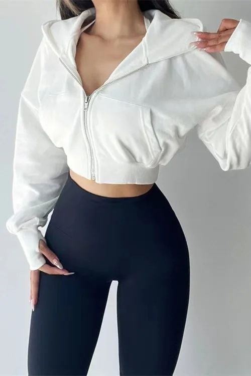 TVVOVVIN American Style Sports Grey Hooded Sweatshirt Women Zipper High Waist Short Long-sleeved Tops Short Hoodie 027D