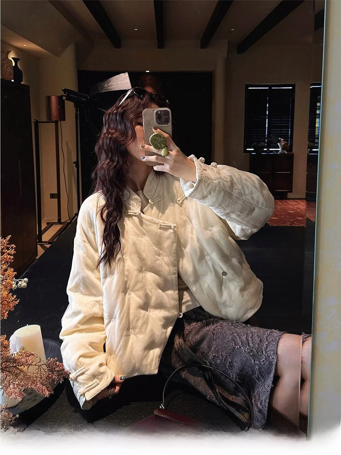 

Sanji Bla Flower ort Velvet Netting down Jaet Winter Women's Sle Traditional Chinese New Faion Outerwear Coat