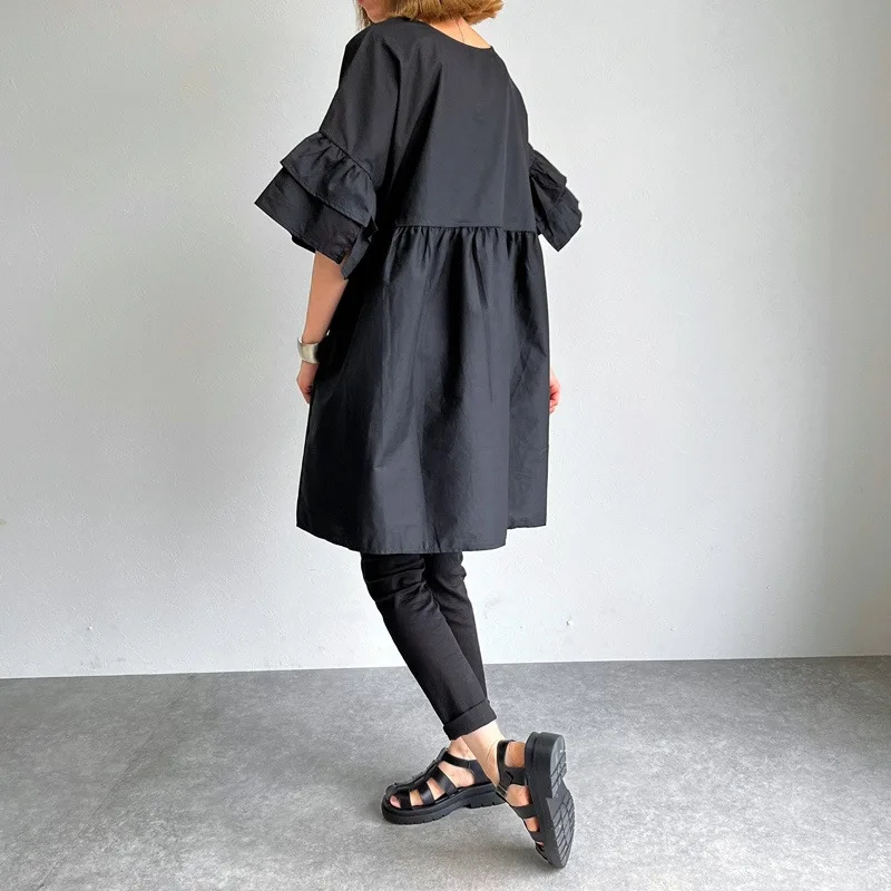 Double Layer Ruffles Short Sleeve Shirt Dress Solid Loose Casual Mini Robe Femme Elegant Patchwork Japanese O-neck Vestidos