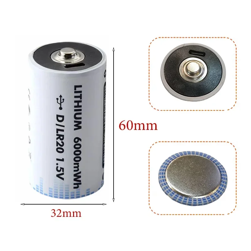 HORMMAR 1.5V D Size Rechargeable Battery 6000mWh LR20 Lithium Li-ion Batteries for Gas Appliances Liquefied Gas Cooker