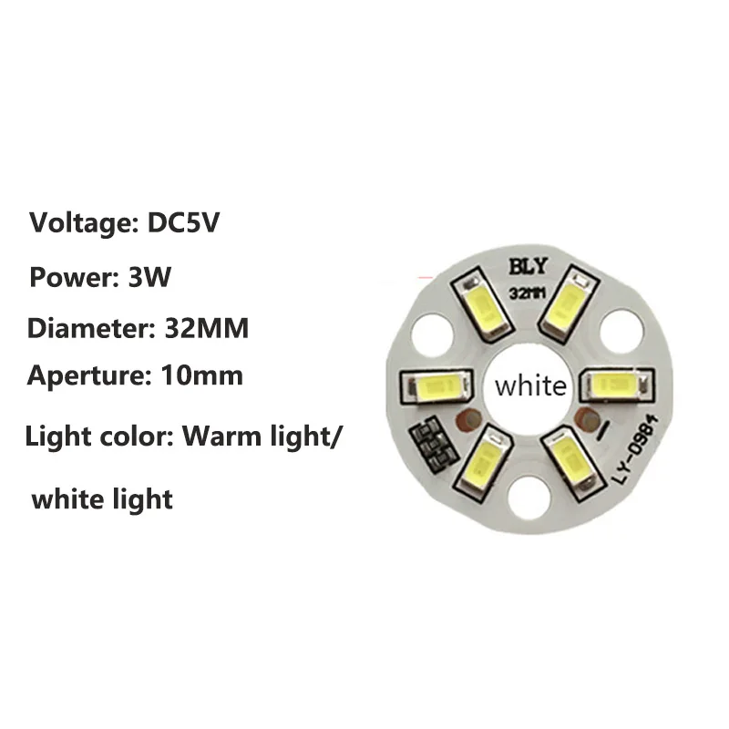 1PC 3W DC5V LED Chip Bead Lights Board Bulb Transformation Light Source Φ32mm White Warm With USB Switch cable warm white Light