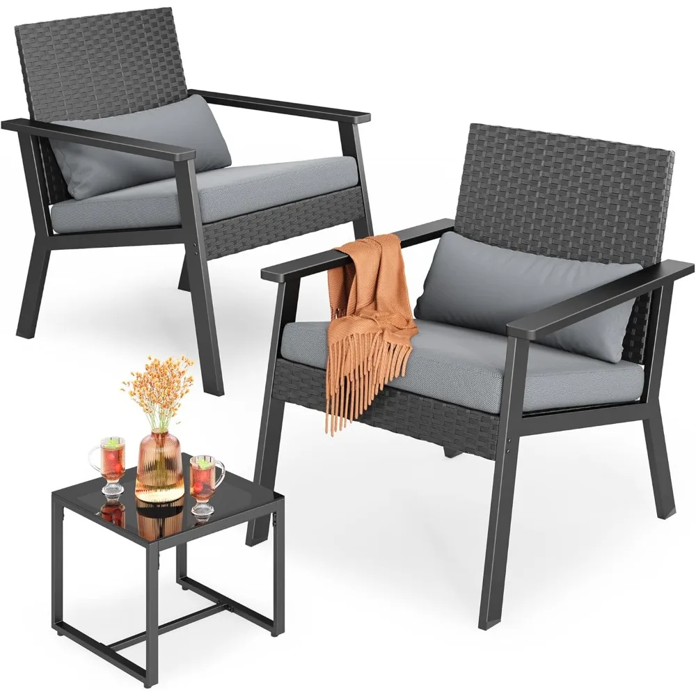 

3-Piece Wicker Small Outdoor Patio Furniture Set with Glass Table for Balcony, Porch, and Garden (Gray)