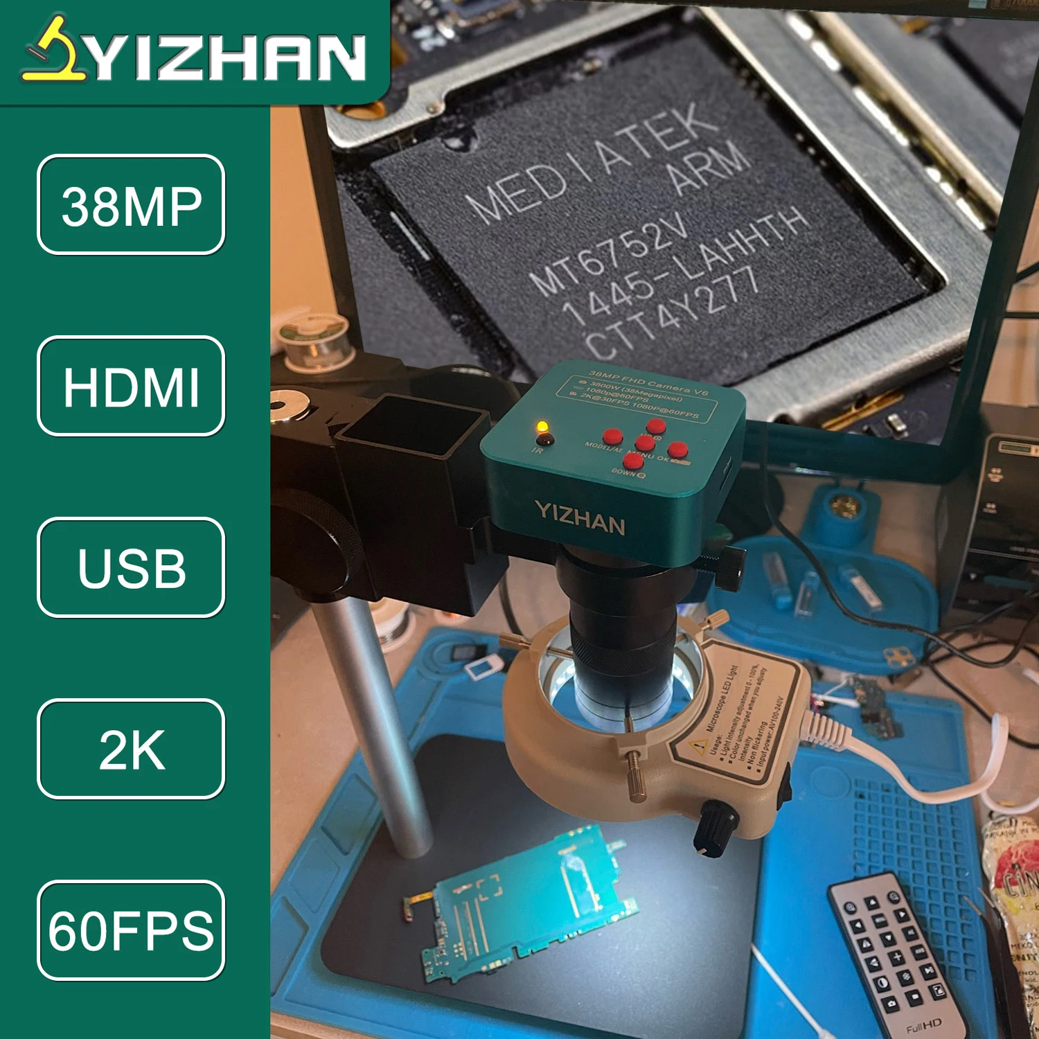 YIZHAN 2K Soldering Microscope HDMI USB 130X C-Mount Lens 38MP Video take photos Measurement For PCB Repair Thickened Metal Base