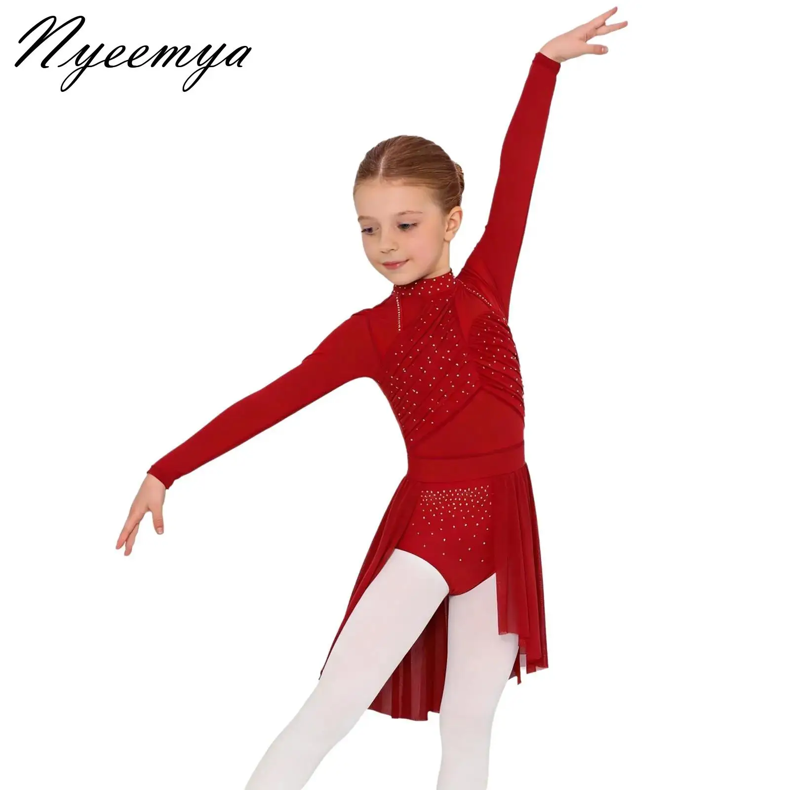 

Teens Girls Lyrical Dance Stage Performance Costume Shiny Rhinestones Sheer Mesh Flowy Split Dress Long Sleeve Leotard Dresses