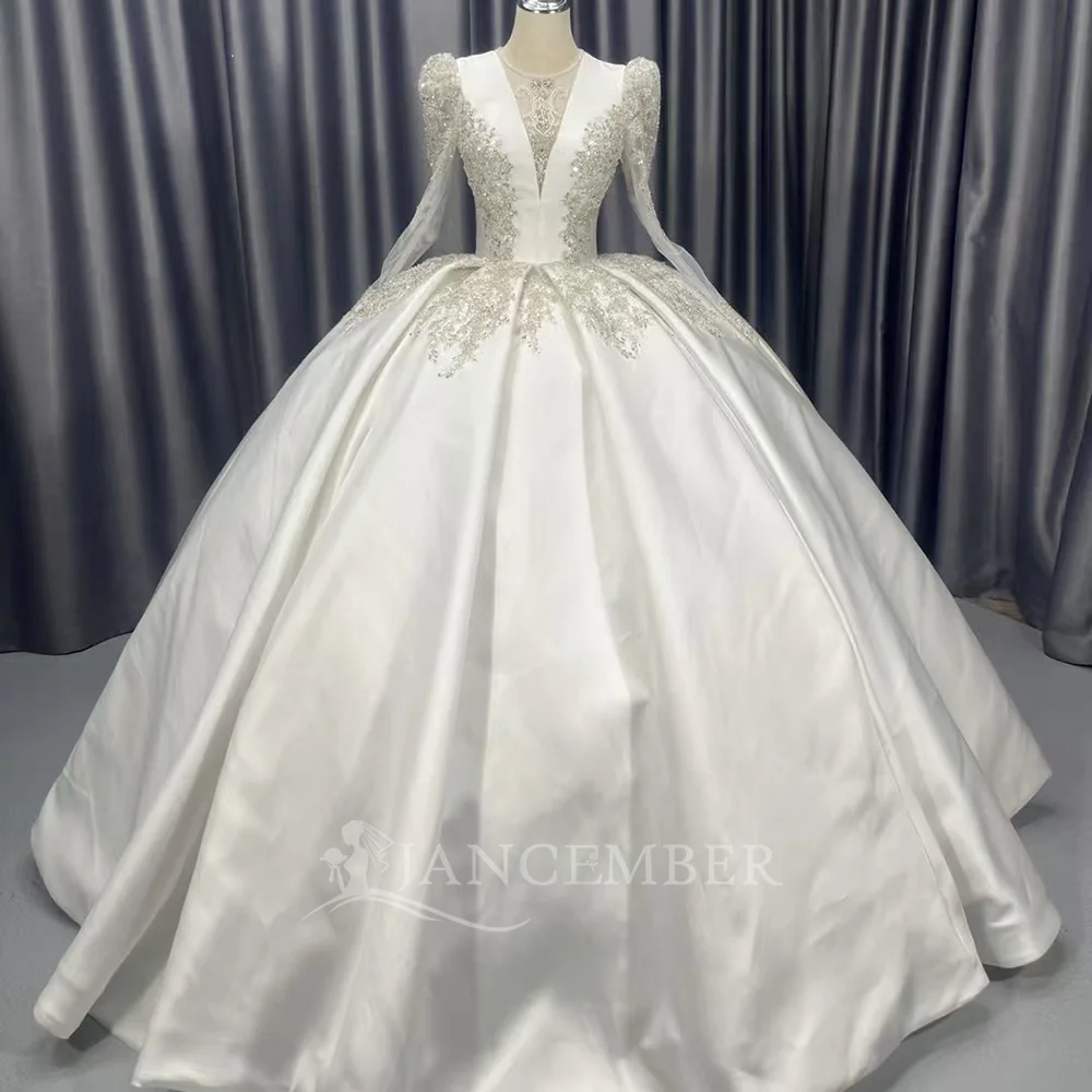 

Customized Exquisite Wedding Dress Sheer O Neck Satin Beaded Illusion Long Sleeve Lace Up Back Bride Dresses فساتين حفل