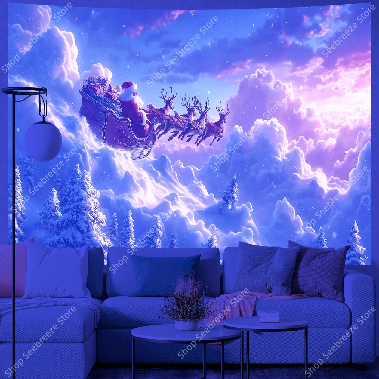 Santa Sleigh Ride UV Tapestry with Reindeer Flying Over Snowy Hills Under Starry Sky Christmas Wall Hanging Home Office Decor