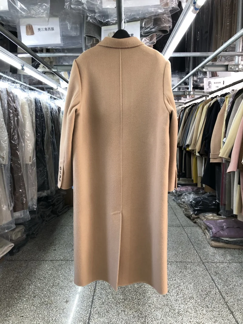 Korean Fashion Double Breasted Long Wool Shoulder Pad Blue Coat Women Elegant Beige Autumn Winter Jacket Long Beautiful