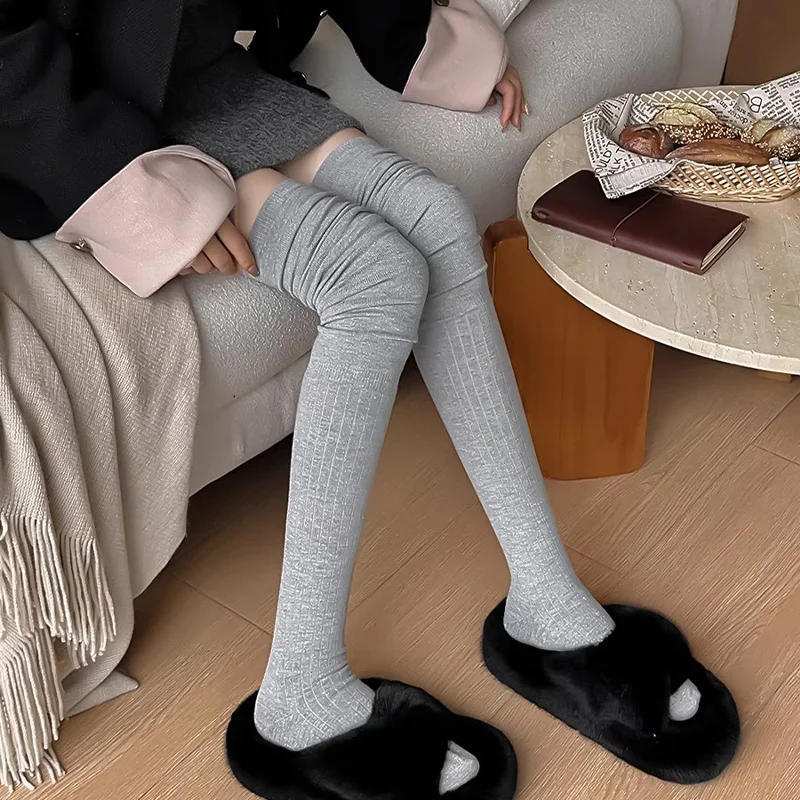 Autumn And Winter Women's Knitted Socks Solid Color Vertical Bar Warm Knee Length Socks Fashion Lolita Socks Splicing Stockings