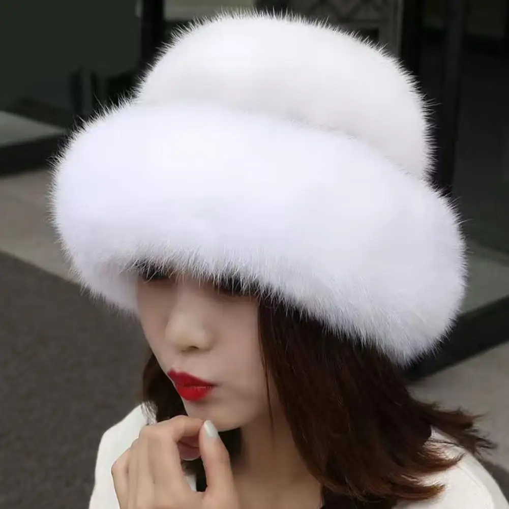 Women Hat Solid Color Fluffy Thickened Ear Protection Dome Winter Coldproof Elegant Russian Hat Faux Fur Headband Streetwear