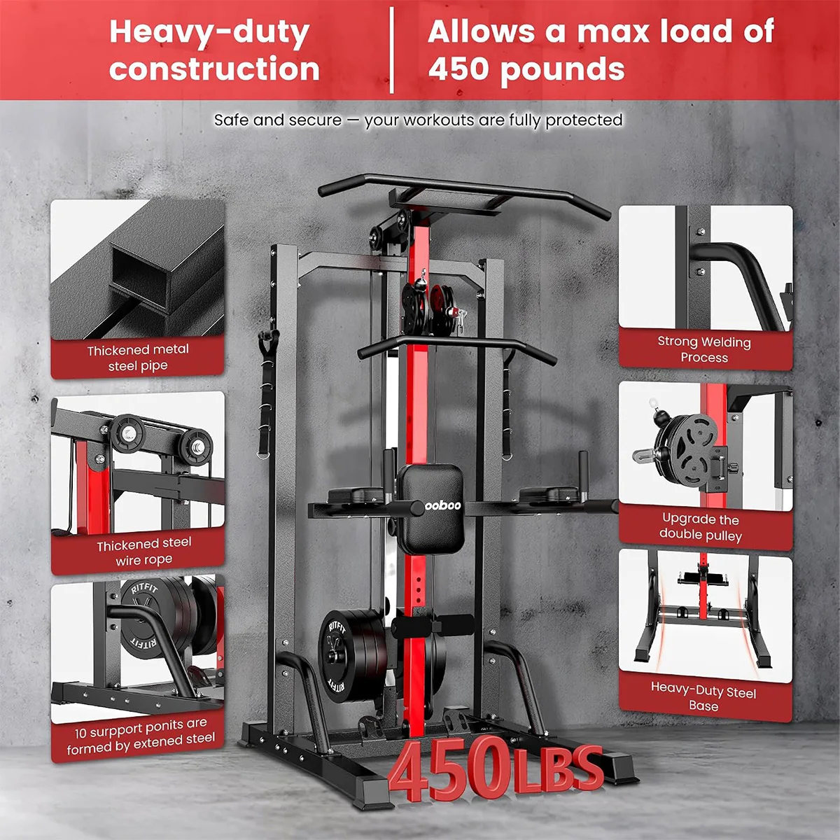 Pooboo Pull Up Bar Power Tower with Cable Machine, 450LB Home Gym Workout Station Pull up bar and 16-position cable system for pull ups, chin ups, lat pulldowns, rows and full-body training