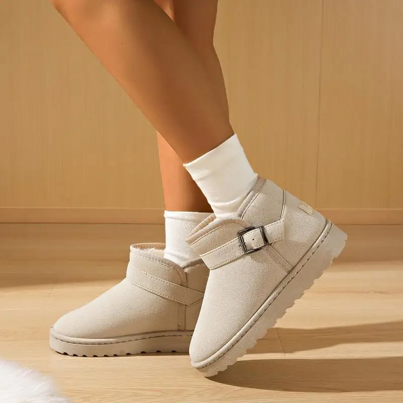 

Classic Metal Belt Buckle Suede Snow Boots Women 2025 Winter Comfort Flat Heel Warm Long Plush Ankle Boots Woman's Short Booties