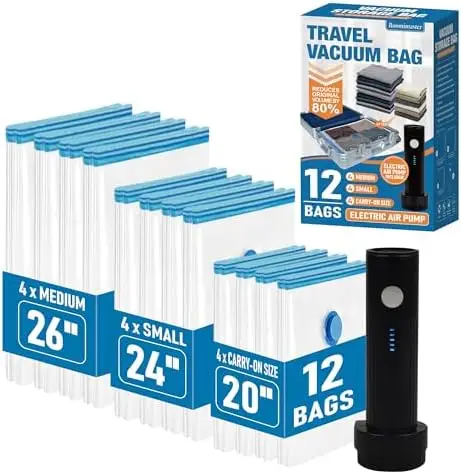 

Travel Vacuum Bags with Electric Pump - 12-Piece Compression Packing Set for Luggage & Suitcase Organization