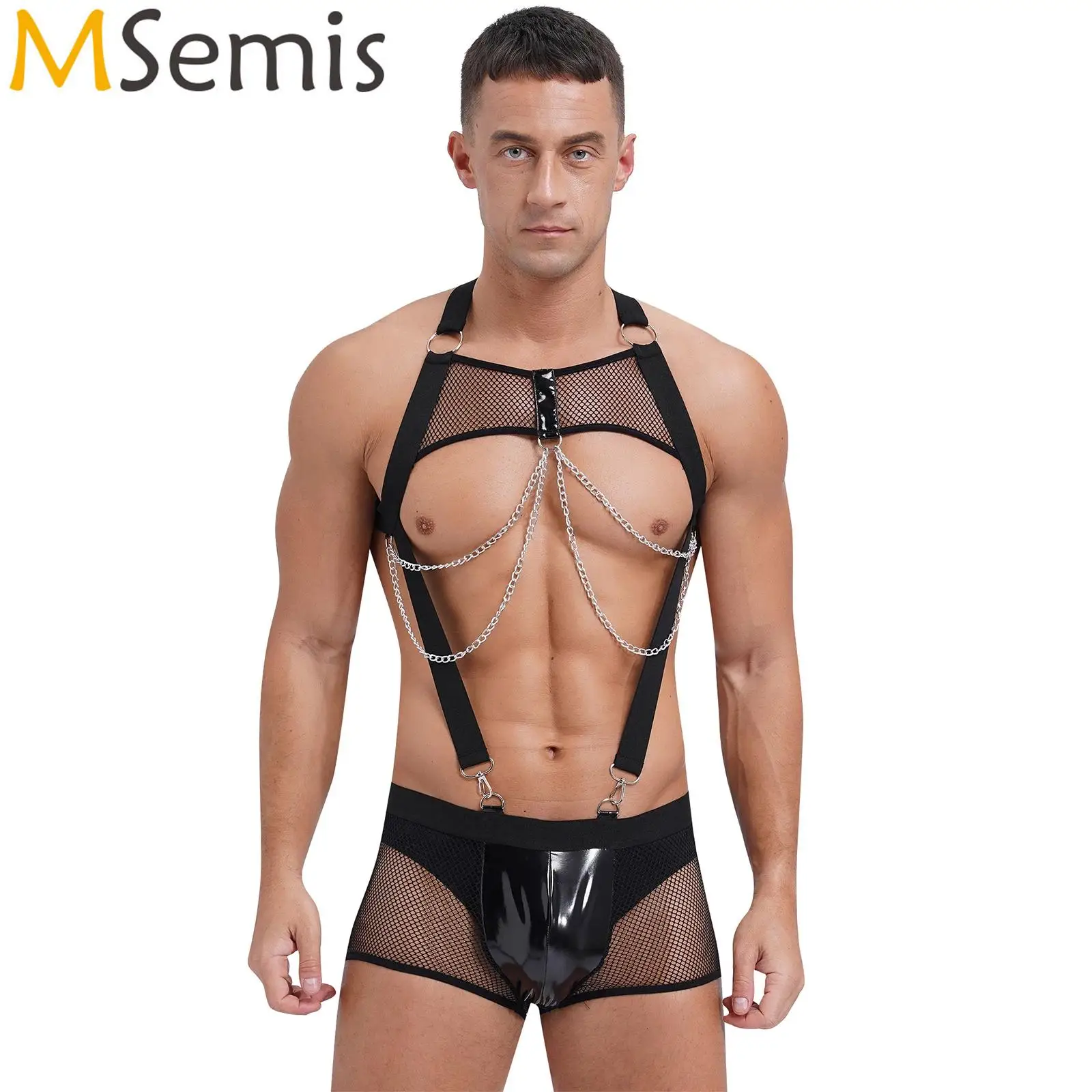 Mens Lingerie See Through Fishnet Bodysuit with Chain Chest Chained Harness with Glossy Pouch Trunks Shorts Sexy Rave Clubwear