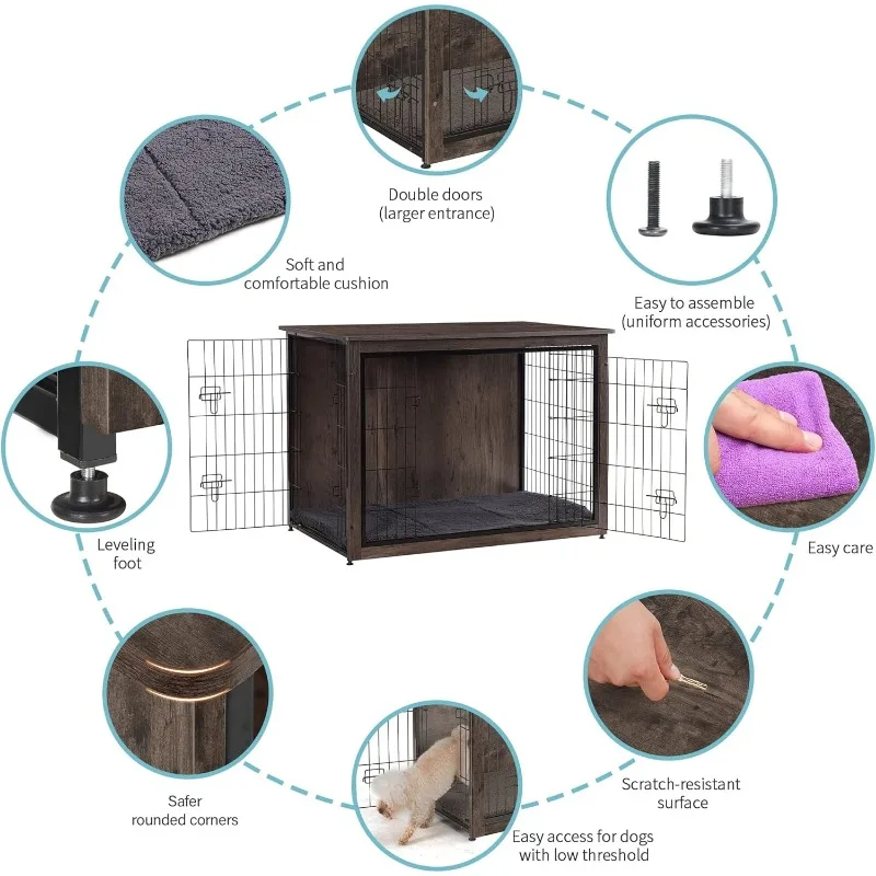 Cojín para muebles de cajón para perros, caja para perros de madera XL con puertas dobles, muebles para cajas para perros grandes, perrera para perros para interiores, mesa auxiliar Extra grande