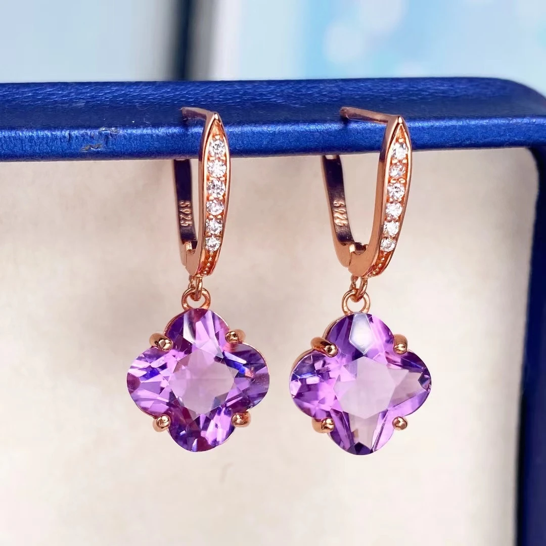 18K Rose Gold Natural Clover Shape Amethyst Zircons Ear Hook Dangle Earring Amethyst 925 Silver Rhinestone Topaz Clover Jewelry