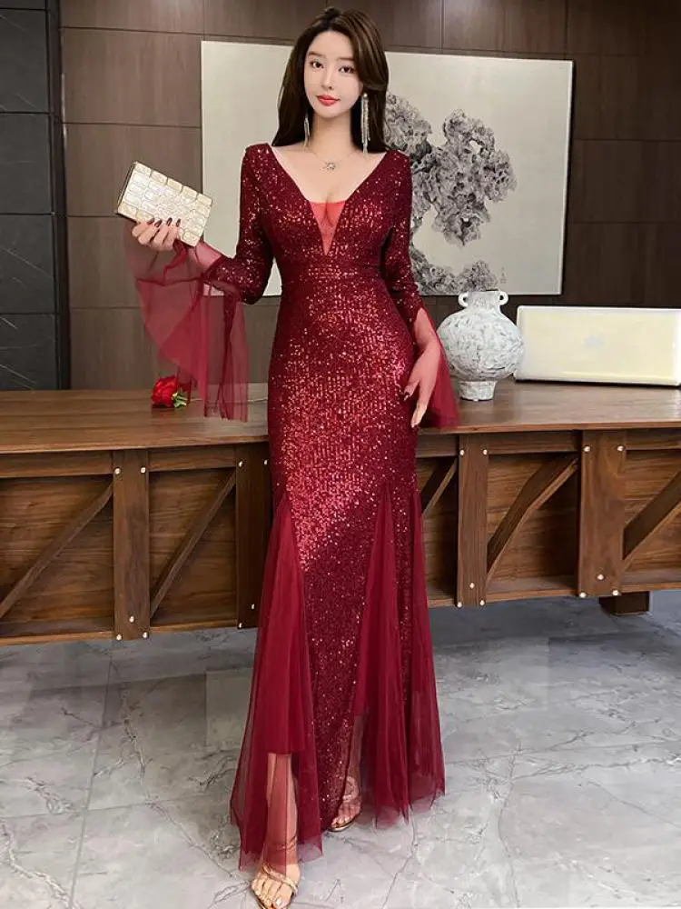 

Spring Autumn Patchwork Mesh V Neck Long Sleeves Wrapped Hip Gowns Dresses Women Elegant Backless Evening Party Dress Simplicity