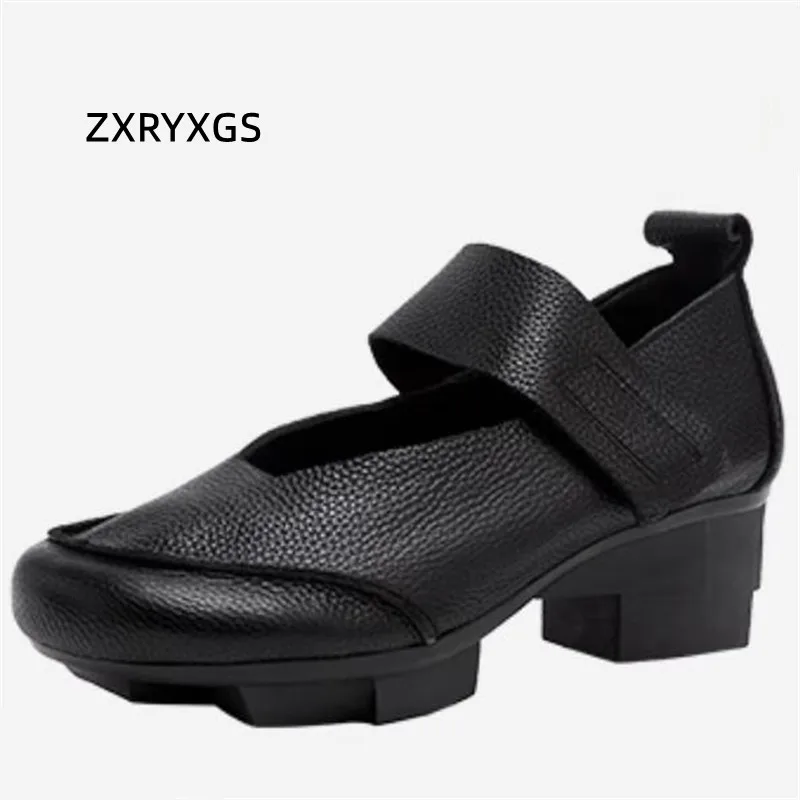 

ZXRYXGS 2024 Autumn Retro Style Top Layer Cowhide Splicing Women Real Leather Shoes Women Banquet Elegant Comfort Thick Mid Heel
