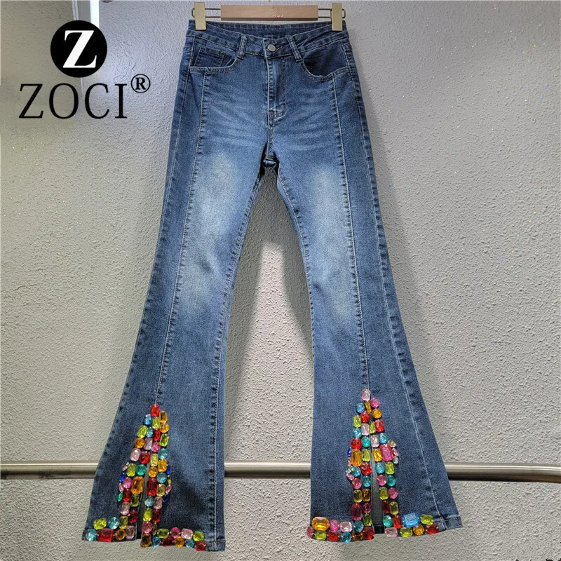 [zoci] Dripping Slightly Pants Autumn New Item, Nine Inch Nail Bead Flared Pants, High Waisted