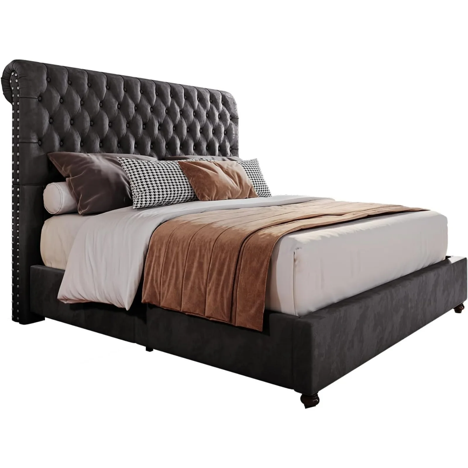 US Bed Frame Queen Size Upholstered Platform Bed with 52.8'' Tall Sleigh Headboard, Button Tufted