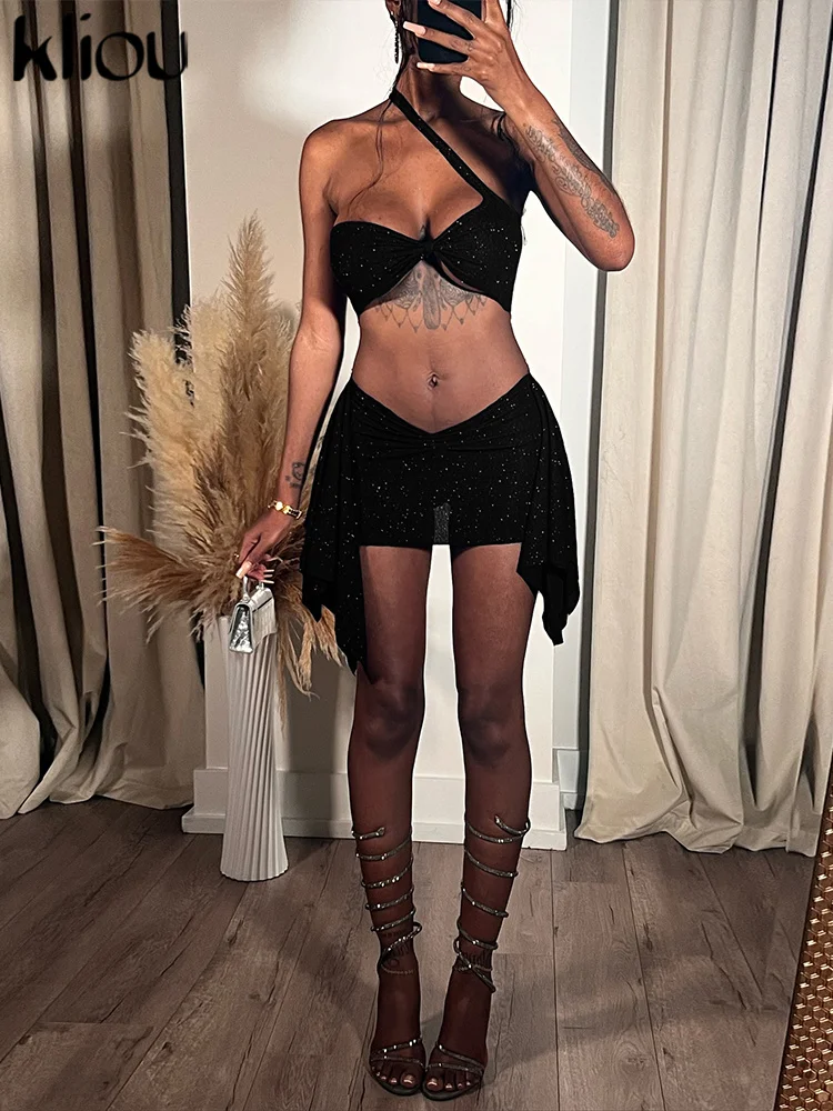 kliou Sexy Women 2 Piece Set Slash Neck Wrap Chest Bra+Irregular Tassel Slim Ruched Mini Skirts Female Party Midnight Clubwear