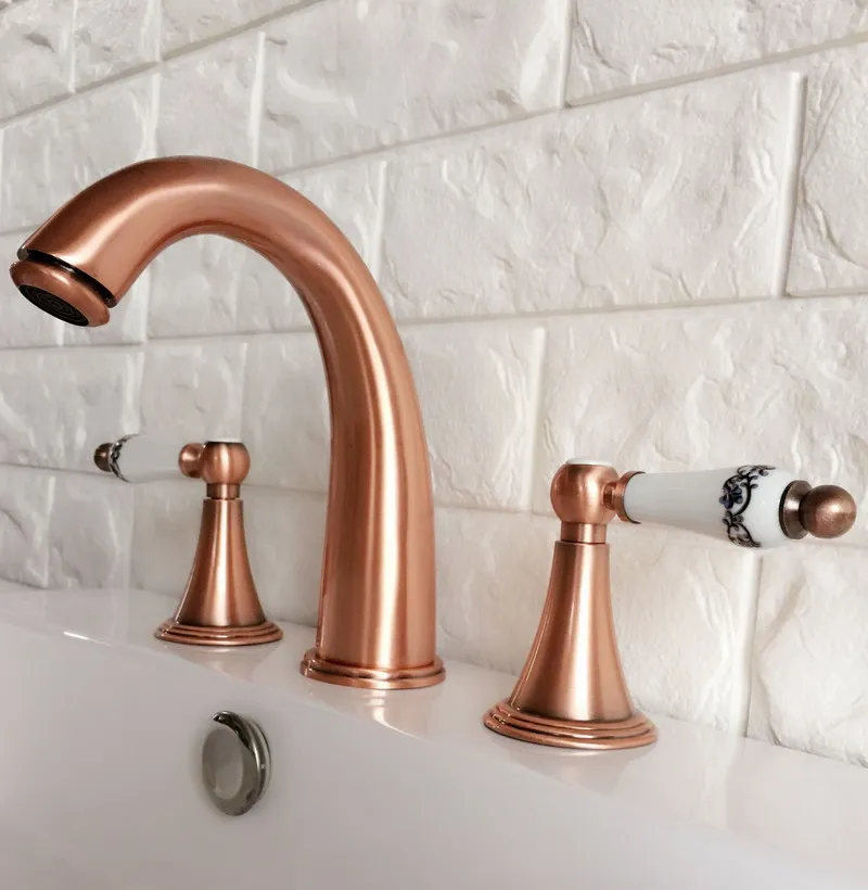 

Antique Red Copper Brass Deck Mounted Dual Handles Widespread Bathroom 3 Holes Basin Faucet Mixer Water Taps mrg037