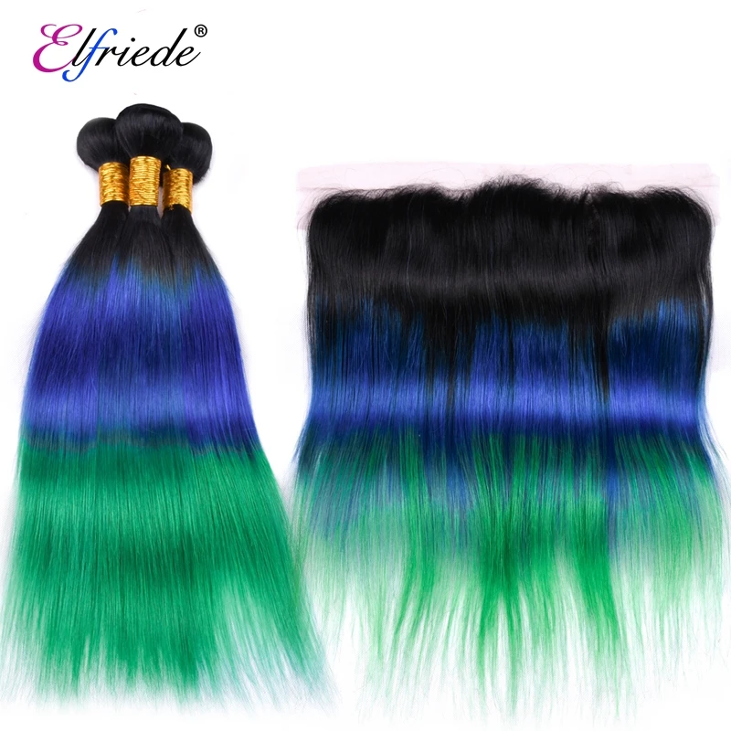 Elfriede 1B/Blue/Green Straight Ombre Colored Hair Bundles with Frontal 100% Remy Human Hair 3 Bundles with Lace Frontal 13x4