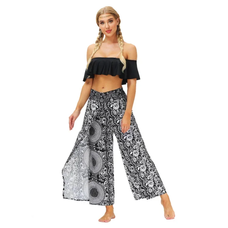 Women'S Palazzo Slit Split Wide Leg Pants Summer Casual Beach Boho Hippie Bohemian Indian Pilate Flowy Wrap Workout Yoga Pan MN4