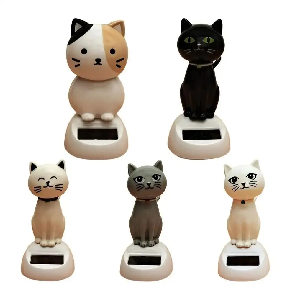 Resin Solar Powered Cat Ornament Solar Energy Driven No Battery Needed Cat Figurine Cartoon Automatic Car Dashboard Decor