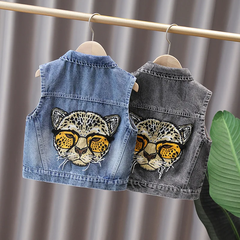 

2025 New Boys and Girls Fashion Glasses Leopard Head Printed Lapel Denim Vest Spring and Autumn Versatile Show Tank Top 1-8Years