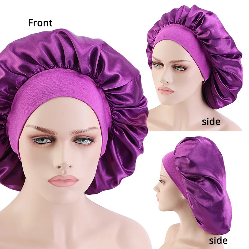 Soft Satin Sleeping Cap Salon Bonnet Night Hat Hair Loss Chemo Caps For Women Silk Hair Cap For Curly Hair With Wide Edge Band