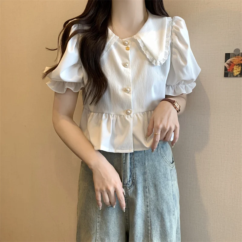 Shirts Dames Katoenmix Opstaande kraag Geplooid Lange mouw Zakelijk Formeel Chique knoopblouse voor studenten Preppy stijl Dagelijks