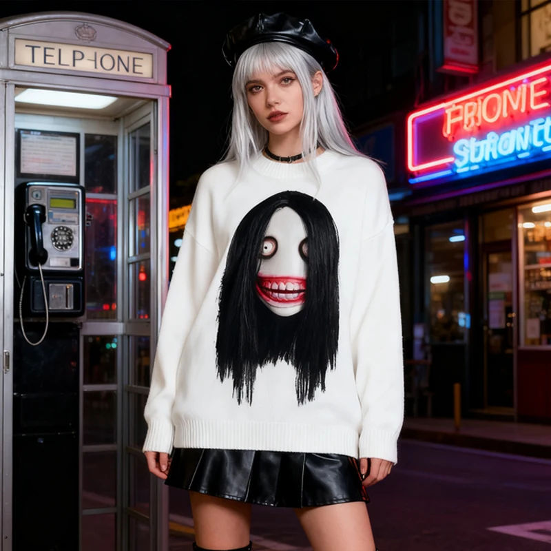 

Нейтральный готический темный ужас аниме призрак лицо принт большой свитер для мужчин и женщин эмо-панк эстетика уличная одежда вязаный свитер