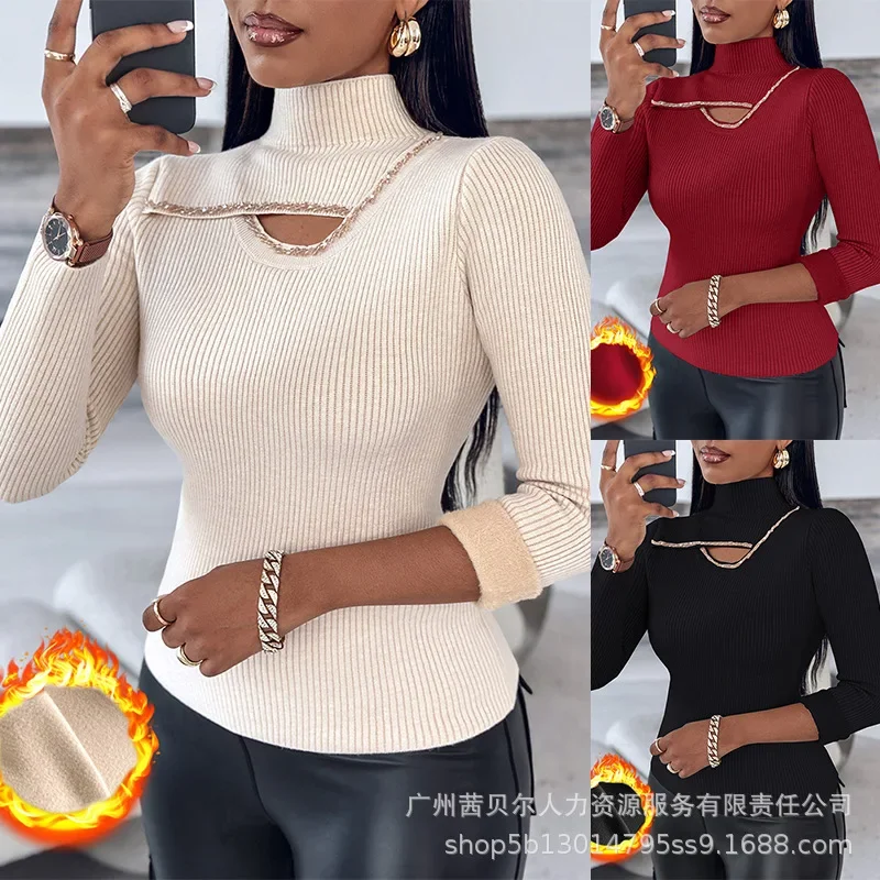 Women Rhinestone High Neck Long Sleeve Knit Sweater Fleece Lined Basic Layering Soft Thermal Top