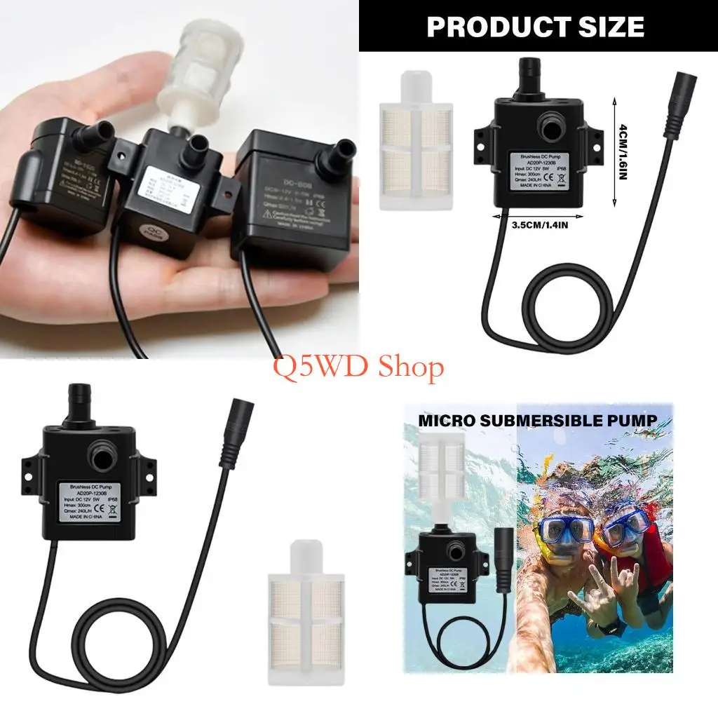 

Q5WD 240L/H Small Submersibles Pump DC12V Brushless Motor Water Pump with Filter for Pet Water Dispenser Fish Tanks Enduring