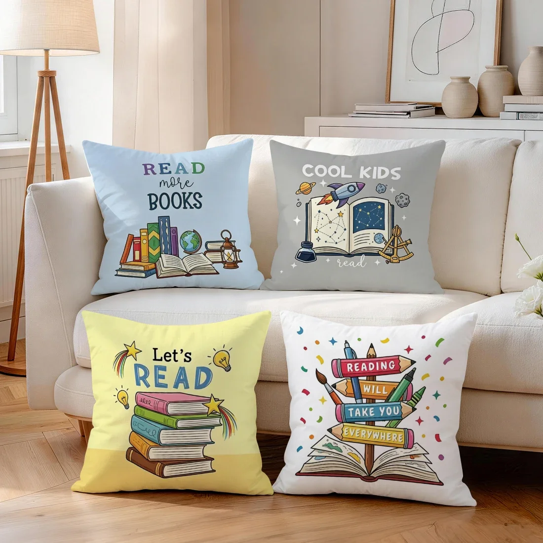 1/4pcs Back To School Reading Cushions Pillowcase Polyester Cushion Cover Throw Pillow Pillowcover Home Car Sofa Decor