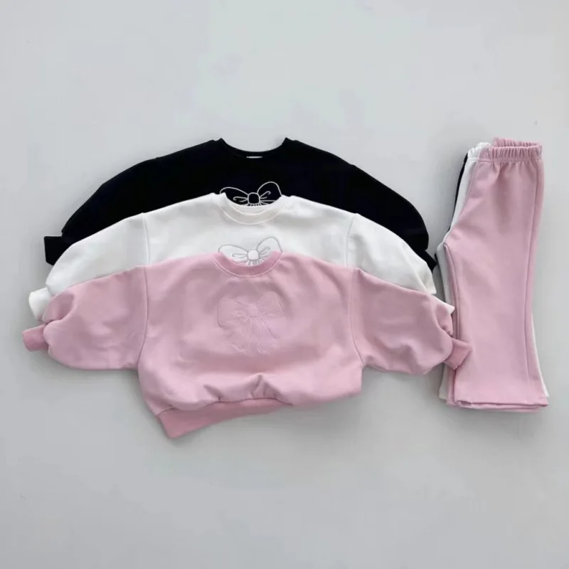 2024 Spring Autumn Fashion Girl Baby Bow Long Sleeve Tops+ Solid Flared Pants 2pcs Children Cotton Sweatshirt Set Kids Tracksuit
