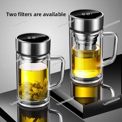 Double-layer Large Glass Water Cup with Handle 1000ml Large-capacity Office Tea Cup Men's Veteran Cadre