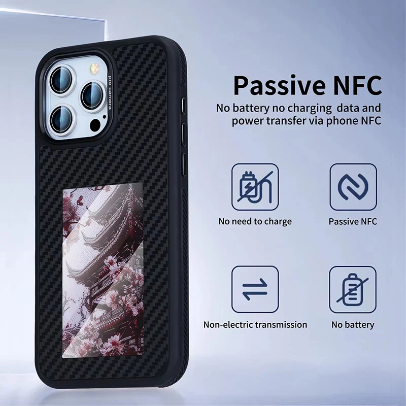 NFC 기능 E 잉크 스크린 폰 케이스, 탄소 섬유, AG 쉘, DIY NFC 변속기 이미지, 아이폰 13, 14, 15 프로 맥스용, 4 색 잉크